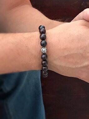 Burgundy Jasper Gemstone Beaded Stretch Bracelet Sterling Silver Unisex - 10mm